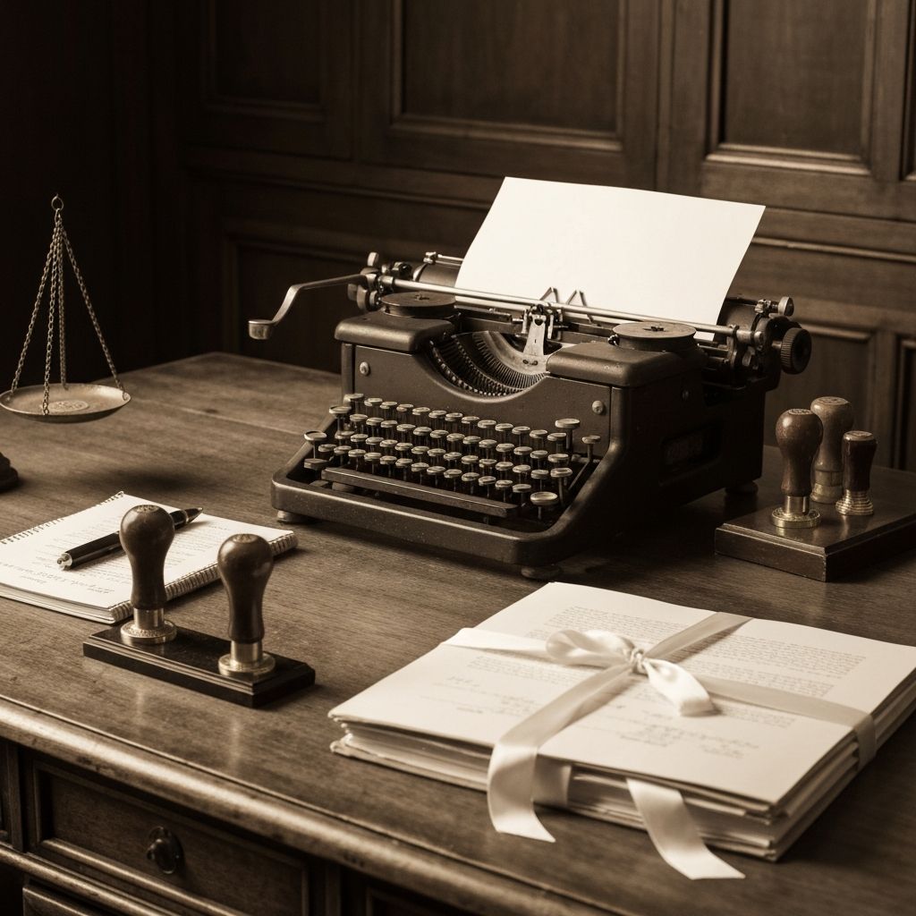 Escritorio de notaría antiguo con sello y máquina de escribir